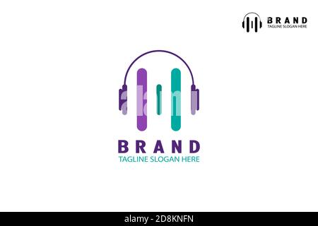 Musiklogo. Kopfhörer- und Schallwellen-Designkonzept. Modernes, farbenfrohes Design. Stock Vektor