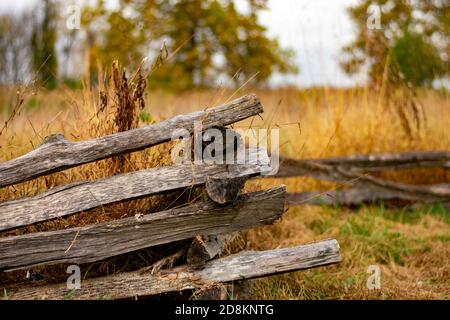 Ein einfacher alter Holzzaun mit einem orangefarbenen Feld dahinter It Stockfoto