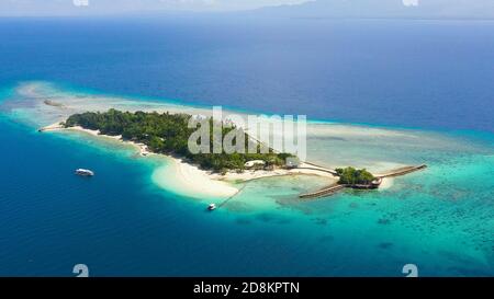 Luftaufnahme von Little Liguid Island mit Sandstrand, Palmen am Atoll mit Korallenriff. Little Cruz Island, Philippinen, Samal. Stockfoto