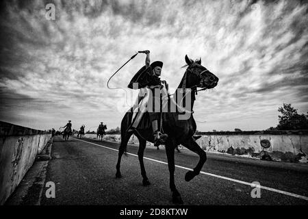 Traditioneller ungarischer Wrangler, der in Hortobagy, im ländlichen Ostungarn, sein Pferd reitet und seine Peitsche knackt. Stockfoto