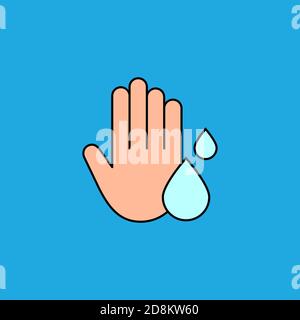 Farbsymbol für Waschhands. Waschen Sie Ihre Hände Zeichen. Menschliche Handfläche und Wassertropfen. Hygiene und Körperpflege. Wassersparkonzept. Virenschutz. Vektor Stock Vektor