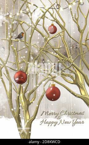 Winterdesign für festliche Zeiten. Weihnachtskarte mit goldenen Bäumen, Kugeln Kugeln, Vögel Rotkehlchen. Text Frohe Weihnachten Frohes neues Jahr. 3D-Rendering. Stockfoto