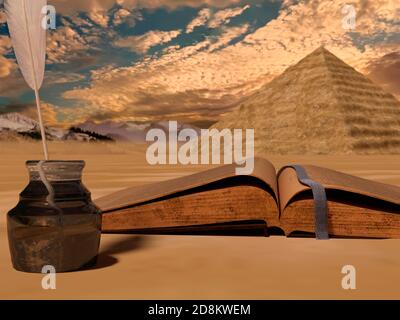 Vintage altes Buch auf Wüste Hintergrund mit Pyramide - 3d Rendering Stockfoto