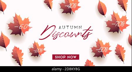 Herbst saisonales Plakat mit hellen Herbstblättern auf weißem Hintergrund, Werbung Promo mit Rabatten auf die Blätter und Kopie in der Mitte der Stock Vektor