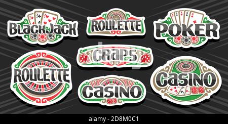 Vektor-Set von Gambling Logos, 7 isolierte Etiketten mit Illustration von Glücksspiel Symbole, Sammlung von dekorativen Schilder mit Vintage-Design gedeihen Stock Vektor