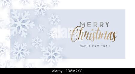 Nette fröhliche Weihnachtsund frohes neues Jahr Grußkarte mit weiß in weißen Schneeflocken und goldenen Kalligraphie, sanfte Gratulation Stock Vektor