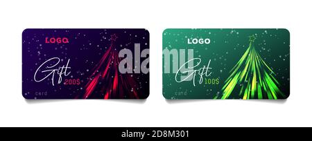 Set von Promo-Geschenkkarten Gutscheine mit stilisierten Weihnachtsbaum Aus funkelnden Lichtern in zwei Varianen mit Geldpreis In Dollar und Platz für Stock Vektor