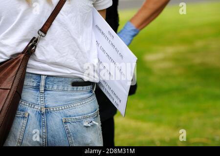Melbourne, Australien 31 Oct 2020, ein Protestler vertupft ihr Protestschild weg, als sie mit einem Polizisten in Treasury Gardens, Melbourne, spricht. Kredit: Michael Currie/Alamy Live Nachrichten Stockfoto