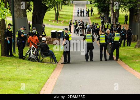 Melbourne, Australien 31 Oct 2020, die Polizei breitete sich entlang der zentralen Pfad der Treasury Gardens, um eine kleine Anzahl von Anti-Regierung-Proteste zu stören. Kredit: Michael Currie/Alamy Live Nachrichten Stockfoto