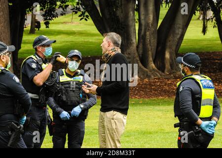 Melbourne, Australien 31 Oct 2020, ein Polizeibeamter nimmt einen Protestierenden mit, um während einer Polizeiaktion, um eine kleine Anzahl von regierungsfeindlichen Protesten zu stören, Treasury Gardens zu übersäen. Kredit: Michael Currie/Alamy Live Nachrichten Stockfoto