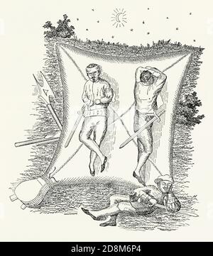 Ein alter Stich von Soldaten aus dem 16. Jahrhundert mit Schwertern, die auf einem Luftbett auf dem Feld ruhen. Es ist aus einem viktorianischen Maschinenbaubuch der 1880er Jahre. Die Abbildung zeigt, dass der Blasebalg aufgeblasen wurde. Das Material in diesem frühen Luftbett wäre ein starkes Tuch gewesen, das mit Lack oder Farbe luftdicht gemacht wurde. Luftmatratzen, Kissen und Kissen wurden ab dem späten 19. Jahrhundert kommerziell hergestellt. Stockfoto