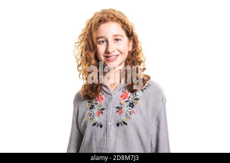 Schöne Readhead Mädchen mit auf Studio weißen Hintergrund Stockfoto