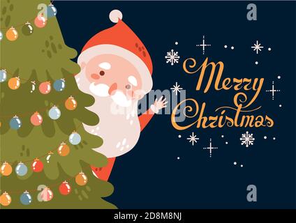 Frohe weihnachtskarte mit Weihnachtsbaum und Girlande mit niedlich Weihnachtsmann Stock Vektor