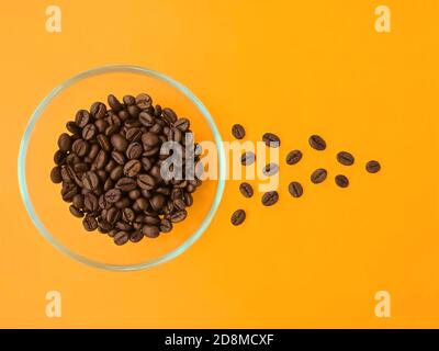 Wählen Sie den besten Kaffee Bohnen in ein klares Glas und Kaffeebohnen fein säuberlich verteilt in der Nähe der Schale auf einem hellen orange hinterlegt, die die Schönheit betont Stockfoto