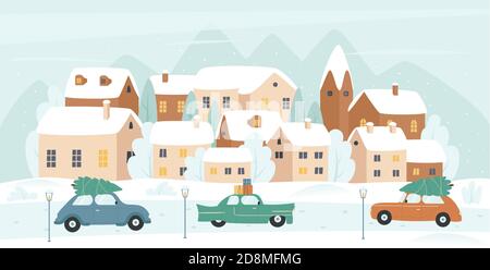 Winter Stadt Vektorgrafik. Cartoon Weihnachten schneebedeckten Stadtbild mit Straße in Schneeverwehungen, niedliche Häuser unter Schnee, Autos Autos mit Geschenken und Weihnachtsbäume für Winterferien Hintergrund Stock Vektor