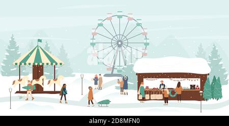 Weihnachten fest im Winter Unterhaltung Park Vektor Illustration. Cartoon Weihnachten Schneelandschaft mit Weihnachten fair Festival Markt, genießen die Menschen festliche Weihnachten Feiertag Feier Hintergrund Stock Vektor