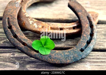 Hufeisen mit Glücksklee 4 Blättrig auf Holz Stockfoto