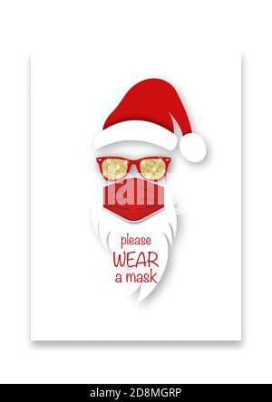 Santa Claus Head Label trägt OP-Maske Konzept, roten Hut und weißen Bart mit Sonnenbrille. Papierschnitt. Frohe Weihnachten Weihnachtsmann Logo Design Stock Vektor