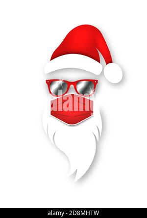Santa Claus Head Label trägt OP-Maske Konzept, roten Hut und weißen Bart mit Sonnenbrille. Papierschnitt. Frohe Weihnachten Weihnachtsmann Logo Design Stock Vektor