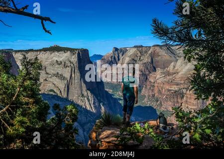 Wanderer blickt auf DEN ZION NATIONAL PARK USA Stockfoto