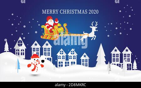 Lettering Card Beautiful Merry Christmas 2020 Gebäude und Landschaft mit Haus, Rentier, Schneemann, Baum, Weihnachtsmann und Hirsch fliegenden Hintergrund vecto Stockfoto