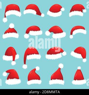 Set von roten Weihnachtsmann Hüte isoliert auf weißem Hintergrund Abbildung Stock Vektor