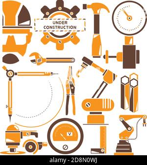 Symbole für Engineering, Automatisierung und Industriemanagement, braun und orange Stock Vektor