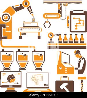Automatisierung in Produktionslinie und Industrial Engineering Management-Symbole gesetzt, braun und orange Thema Stock Vektor