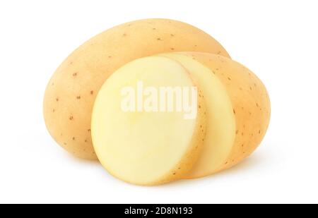 Isolierte geschnittene Kartoffel. Anderthalb rohe Kartoffel isoliert auf weißem Hintergrund Stockfoto
