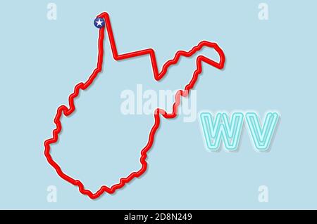 West Virginia US State Bold Outline Karte. Glänzend roter Rand mit weichem Schatten. Abkürzung mit zwei Buchstaben. Illustration. Stockfoto