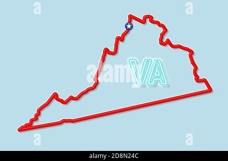 Virginia US State Bold Outline Karte. Glänzend roter Rand mit weichem Schatten. Abkürzung mit zwei Buchstaben. Illustration. Stockfoto