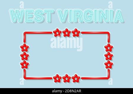 West Virginia US-Staat weichen blauen Neonbuchstaben leuchtet aus. Glänzender, kräftiger roter Rahmen mit Sternen. Weiche Schatten. Hellblauer Hintergrund. Abbildung. Stockfoto