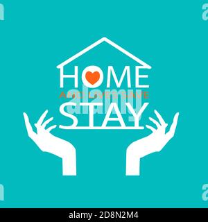 Text, Dach eines Hauses, Herz, Hände, zu Hause bleiben, um die Ausbreitung der COVID-19-Virus-Epidemie zu verhindern. Vektorgrafik, Logo, Symbol. Stock Vektor