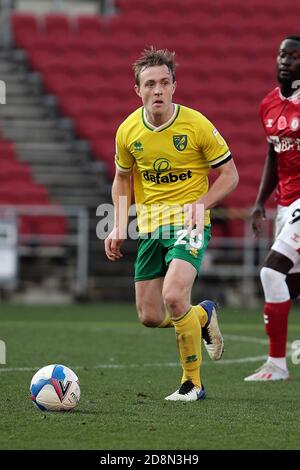 Bristol, Großbritannien. Oktober 2020. Oliver Skipp von Norwich City während des EFL Sky Bet Championship Matches zwischen Bristol City und Norwich City am Ashton Gate, Bristol, England am 31. Oktober 2020. Foto von Dave Peters. Nur redaktionelle Verwendung, Lizenz für kommerzielle Nutzung erforderlich. Keine Verwendung bei Wetten, Spielen oder Veröffentlichungen einzelner Vereine/Vereine/Spieler. Kredit: UK Sports Pics Ltd/Alamy Live Nachrichten Stockfoto