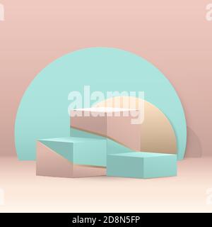 3D Schritte Würfel Podium Komposition. Abstrakter geometrischer minimaler Hintergrund. Blaue, grüne und goldene Pastellfarben mit viel Platz. Vektorgrafik Stock Vektor