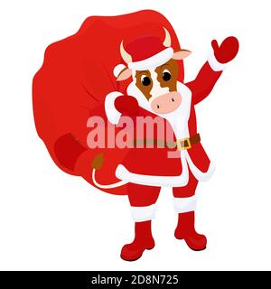 Santa Claus Stier. Cartoon Maskottchen des neuen Jahres 2021. Cartoon Funny Charakter Ochse in roten Hut und mit großen Geschenken Tasche isoliert auf weiß. Chinesischer Tierkreis. Vec Stock Vektor