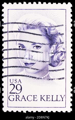 MOSKAU, RUSSLAND - 8. OKTOBER 2020: Die in den USA gedruckte Briefmarke zeigt Grace Kelly (1929-1982), Schauspielerin, Prinzessin von Monaco, Serie, um 1993 Stockfoto