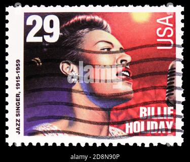 MOSKAU, RUSSLAND - 8. OKTOBER 2020: Briefmarke gedruckt in den Vereinigten Staaten zeigt Jazz Sänger: Billie Holiday (1915-1959), American Music Series Serie, Stockfoto
