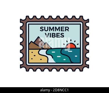 Vintage Sommer Vibes Logo, Abenteuer Emblem Design mit Bergen und Meer. Ungewöhnliche Linie Kunst Retro-Stil Aufkleber. Vektorgrafiken Stock Vektor