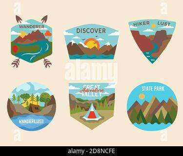 Camping Abenteuer Abzeichen Logos Set, Vintage Reise Embleme. Handgezeichnete Sticker Designs Bündel. Entdecken, State Park, Wanderlabels. Camper im Freien Stock Vektor