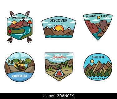Camping Abenteuer Abzeichen Logos Set, Vintage Reise Embleme. Handgezeichnete Sticker Designs Bündel. Entdecken, Wanderer Lust, Scouts Labels. Camper im Freien Stock Vektor