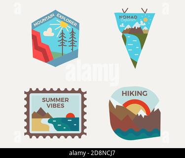Camping Abenteuer Abzeichen Logos Set, Vintage Sommer Reise Embleme. Handgezeichnete Sticker Designs Bündel. Bergforscher, Wanderetiketten. Im Freien Stock Vektor
