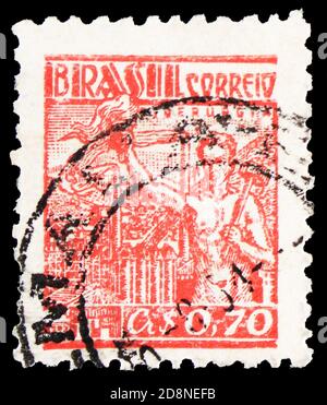 MOSKAU, RUSSLAND - 8. OKTOBER 2020: Briefmarke gedruckt in Brasilien zeigt Stahlindustrie, Definitives, Cruzeiro Serie, um 1955 Stockfoto