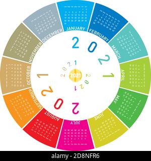 Farbenfroher Kalender für 2021. Rundes Design. Im Vektorformat Stock Vektor