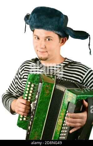 Russe mit Akkordeon, isoliert auf weißem Hintergrund Stockfoto