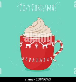 Winter rote Tasse mit Schokolade und Schlagsahne. Weihnachtskarte. Vektorgrafik. Stock Vektor