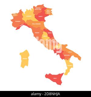 Orangefarbene Karte von Italien in 20 Verwaltungsregionen unterteilt. Weiße Etiketten. Einfache flache Vektordarstellung. Stock Vektor