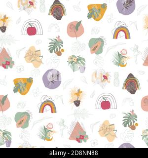 Nahtloses Muster mit Boho urban Jungle tropischen Pflanzen. Handgezeichneter flacher Vektor. Stock Vektor