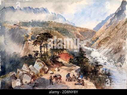 Aquarell von Goldgräbern auf der Otira Gorge Road, um 1866, von Nicholas Chevalier Stockfoto