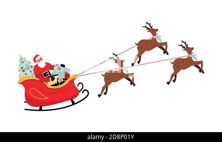 Weihnachtsmann mit Geschenken auf Schlitten mit Rentieren. Weihnachten Winter Illustration Stock Vektor
